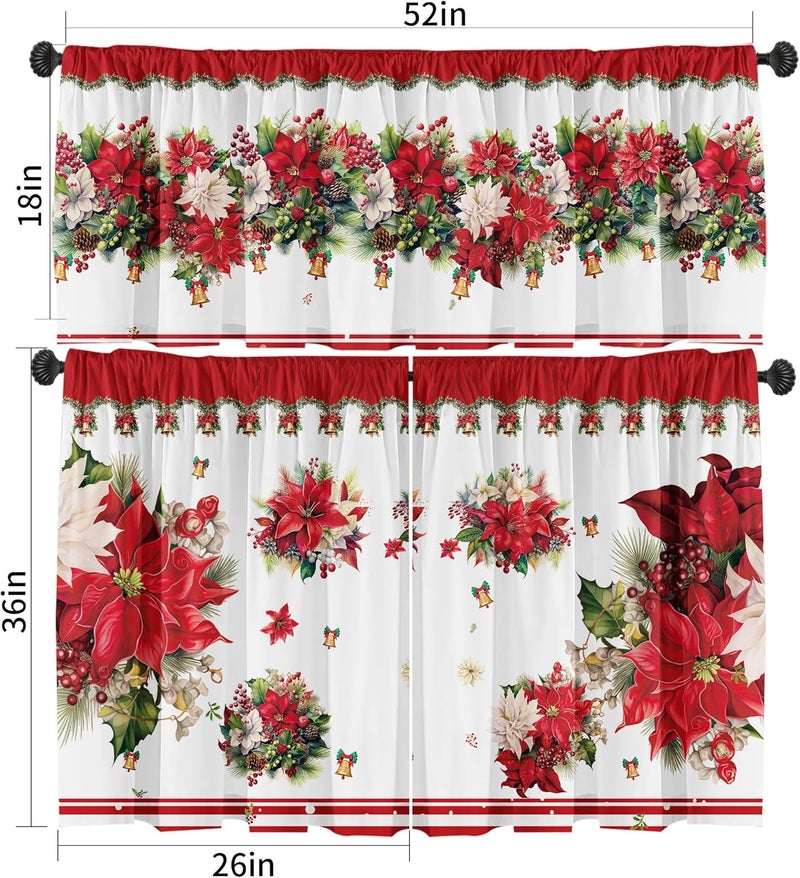 SUNWISHA Christmas Poinsettia Curtain Valances Set - Upper & Lower Curtains, 52'' L x 18'' W & 36'' L x 26'' W, Kitchen Windows Decor, 3 Piece Set, Red - Image 2